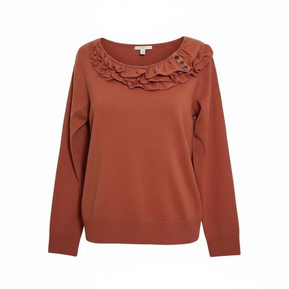 New York & Company Ruffle Neck Button Detail Long Sleeve Sweater Rust Size XL - Picture 1 of 10